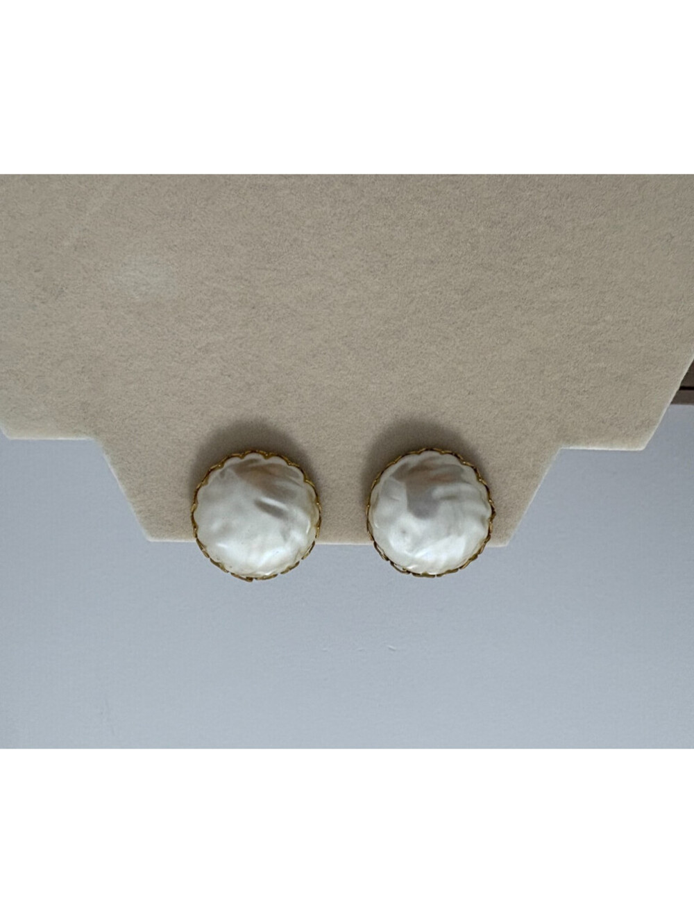 Vintage Signed Miriam Haskell Faux Pearl Button Cabochon Gold Tone Clip Earrings